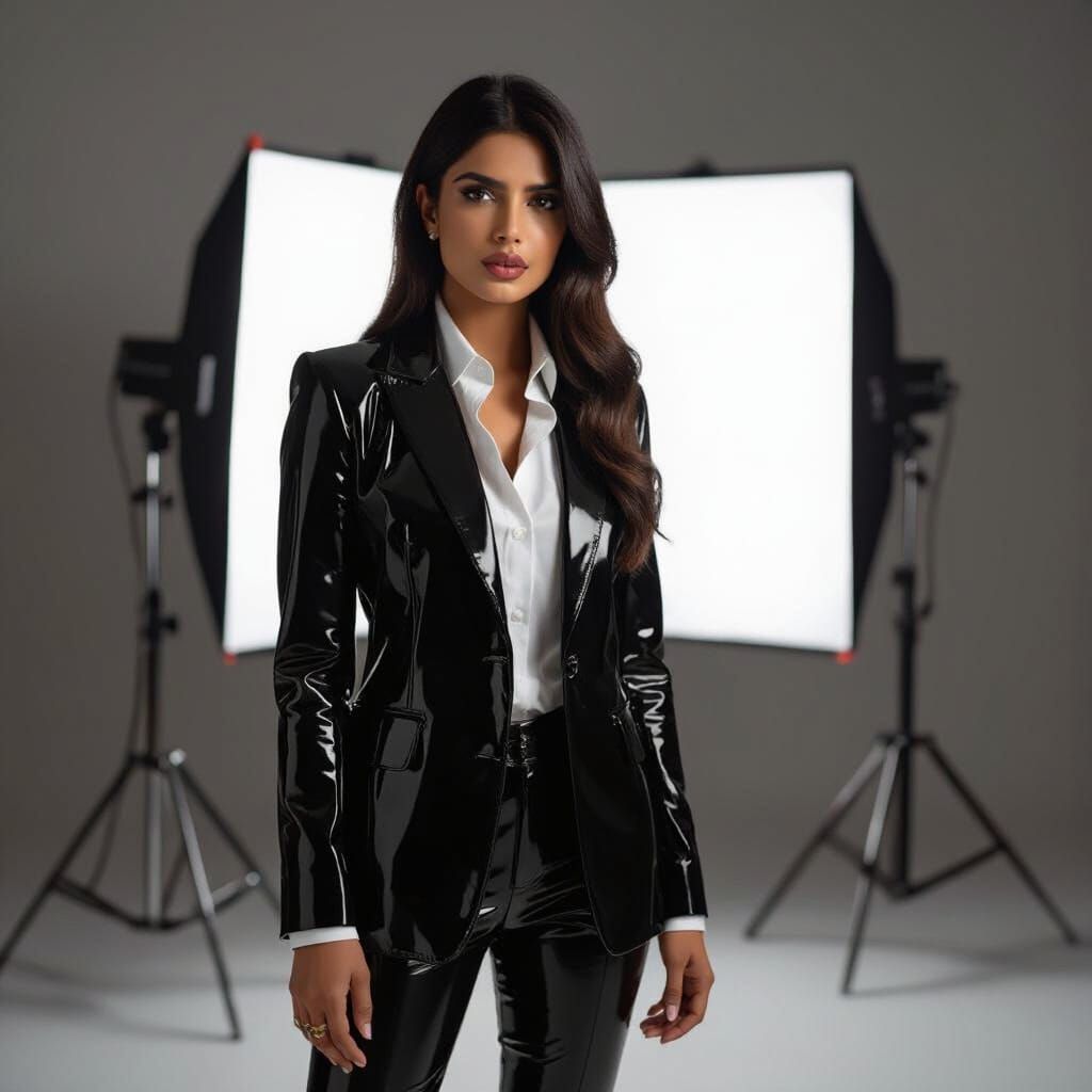 Priyanka Chopra in Shiny PVC Blazer and Leather Boots