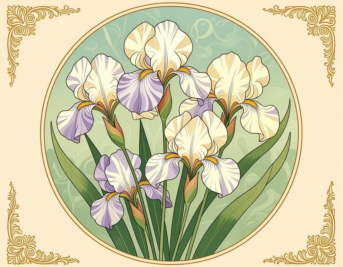 Elegant Irises in Art Nouveau Style Botanical Illustration