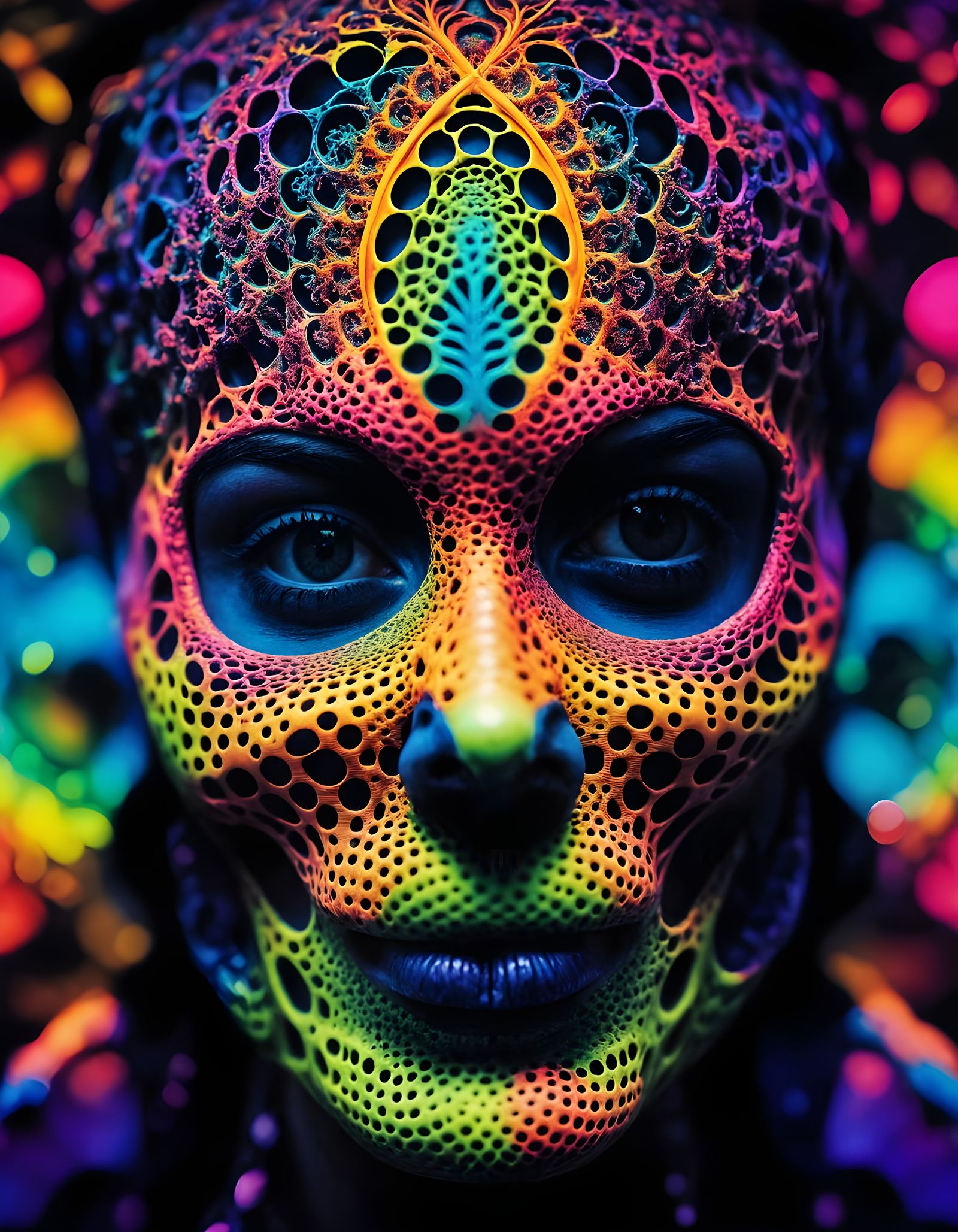 Grotesque Skull Face in Neon Kaleidoscope
