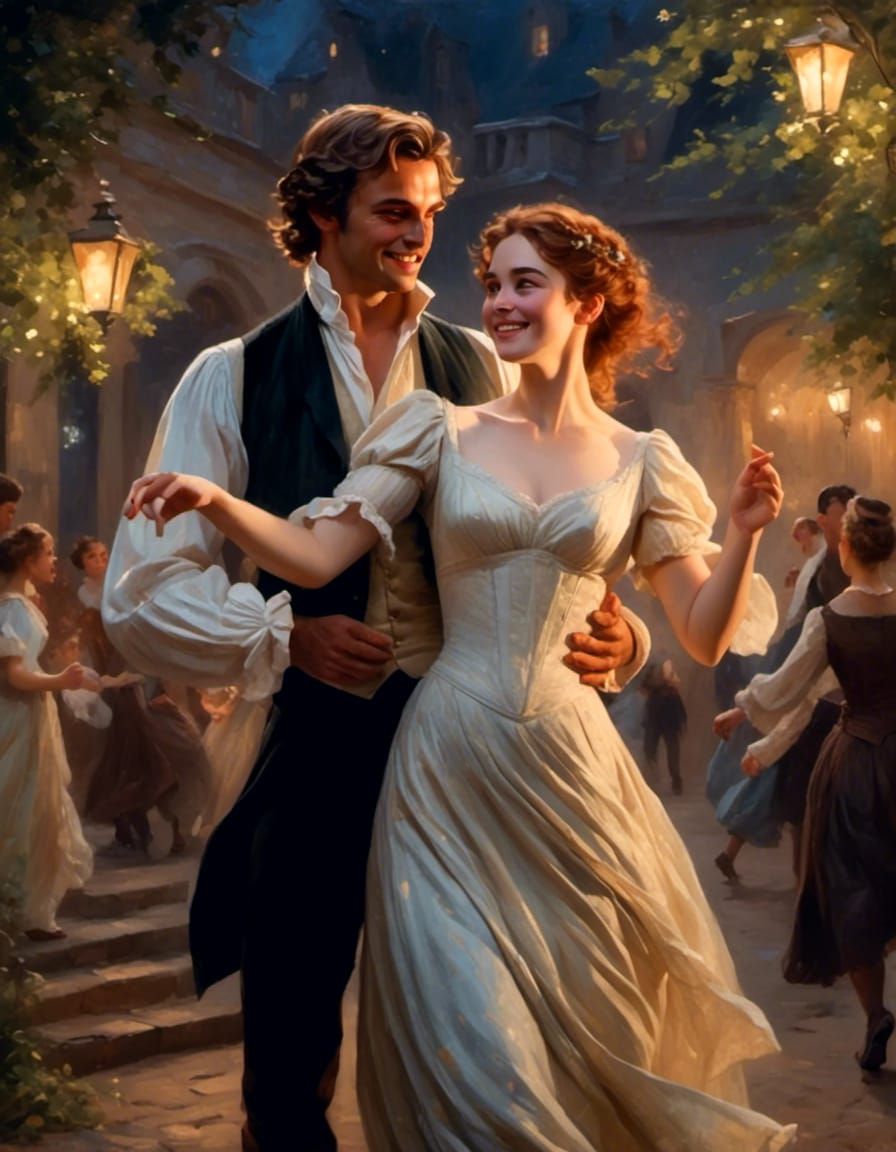 Joyful Austen Era Woman Dancing at Night