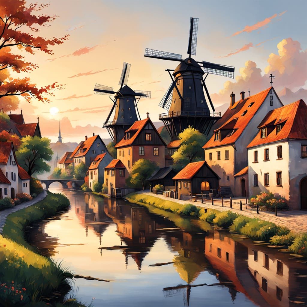 Idyllic German Cityscape with Windmills in Golden Light
