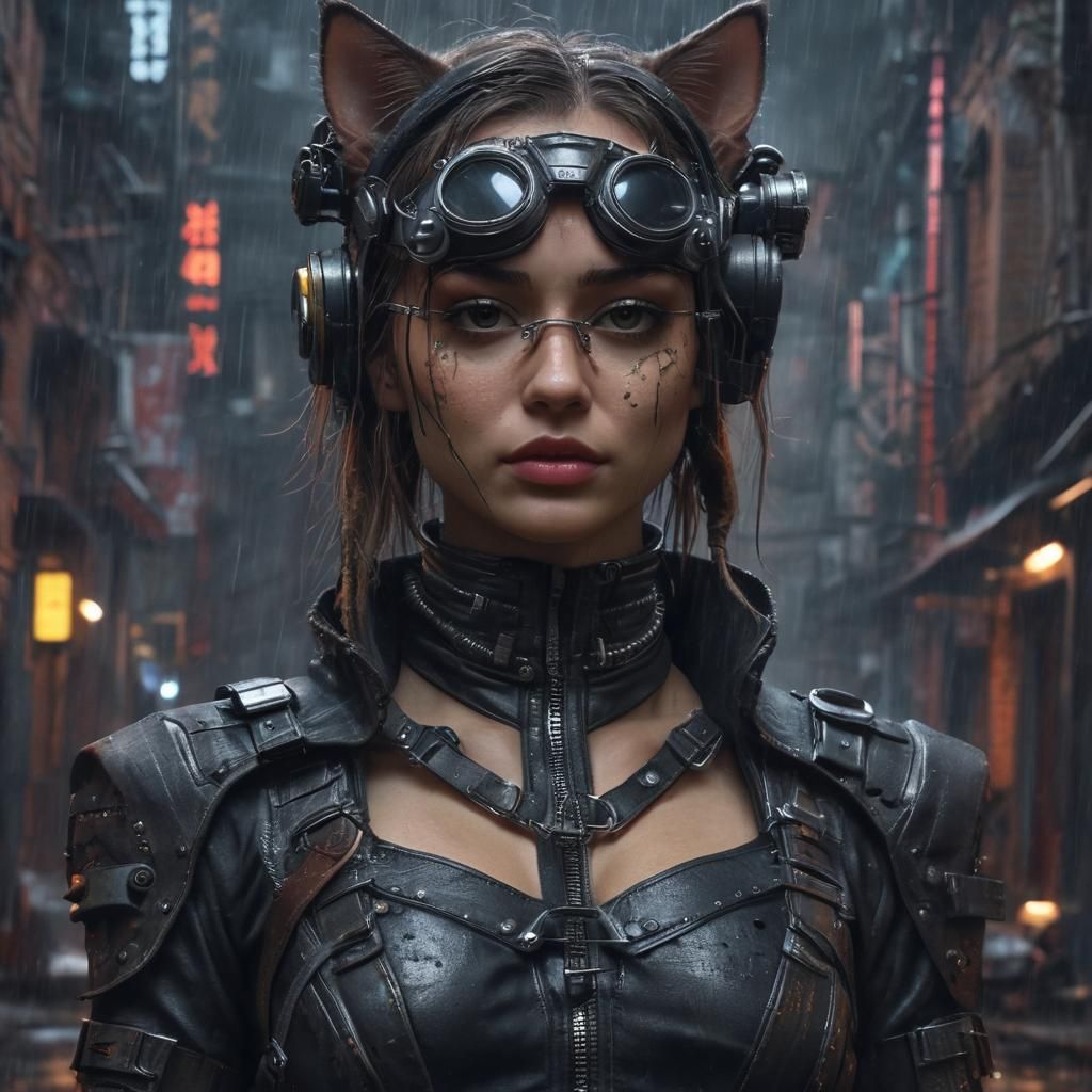 Cyberpunk Girl Protects Kitten in Rainy City Alley