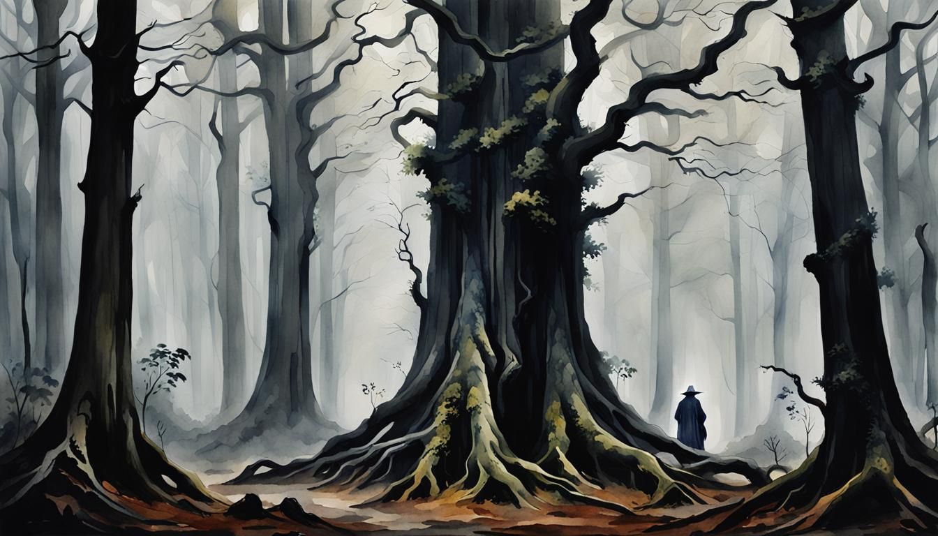Mysterious Figure in Misty Ancient Forest