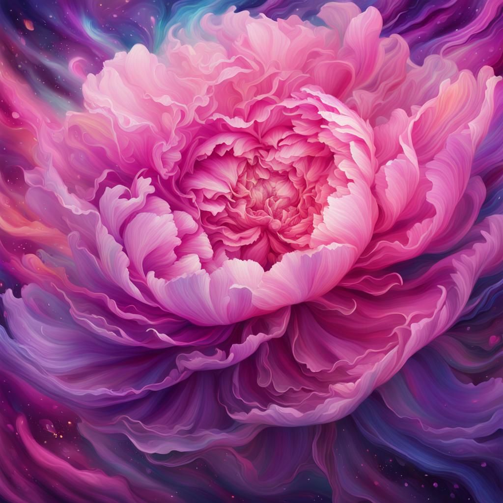 Astral Peony in Cosmic Dreamscape: Mixed Media Art