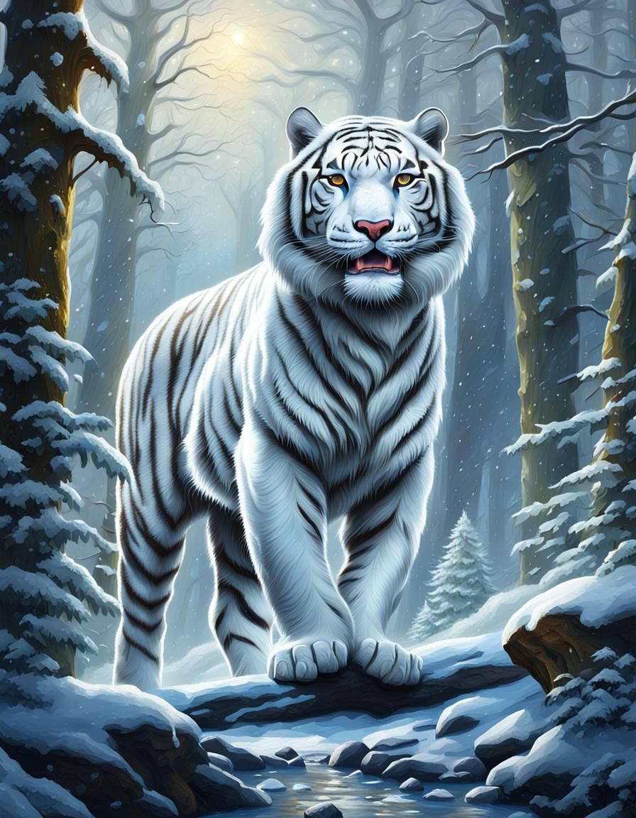 Snow Tiger in Winter Forest: Hyperdetailed Oil Painting