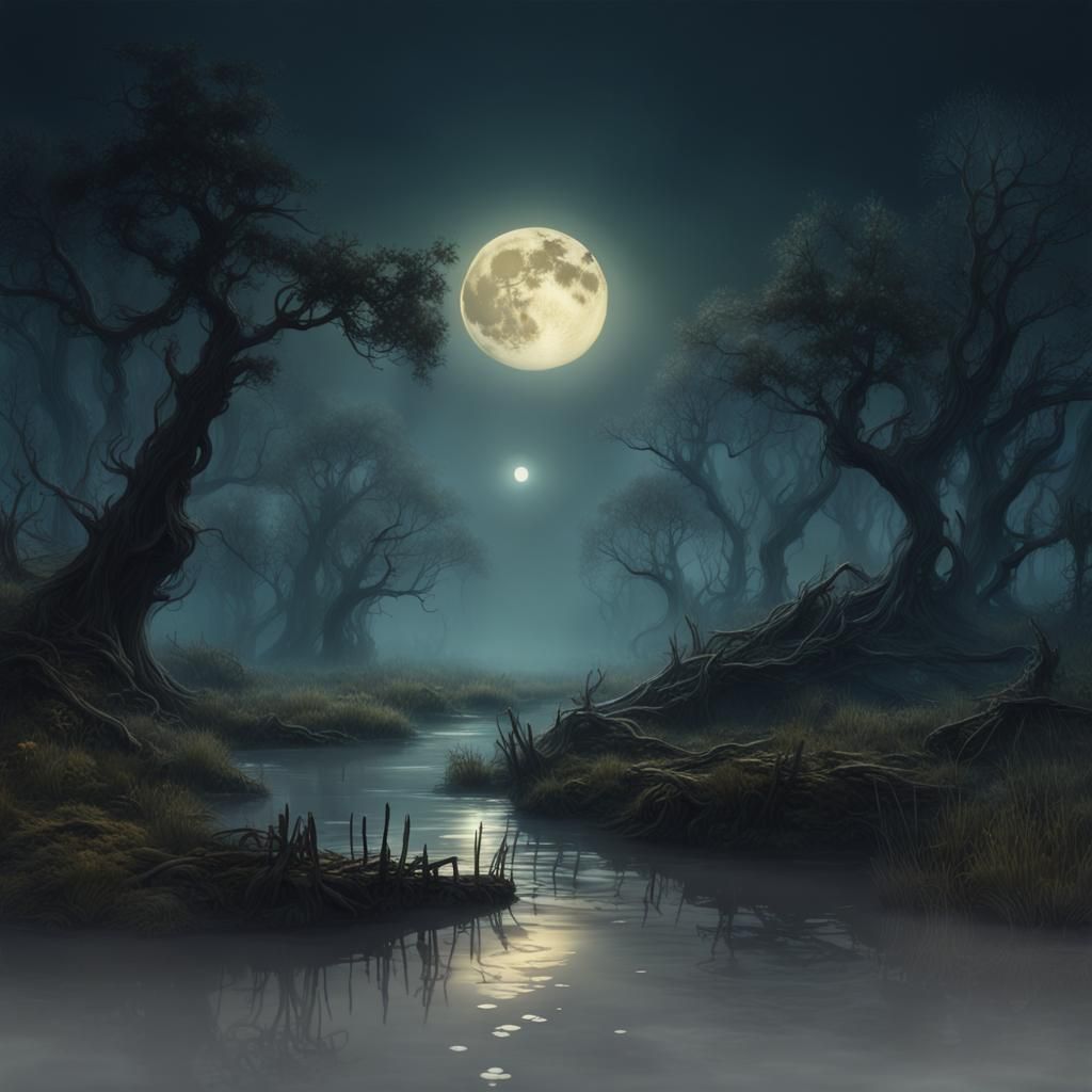 Rusalka in Moonlit Marsh: Detailed Fantasy Art