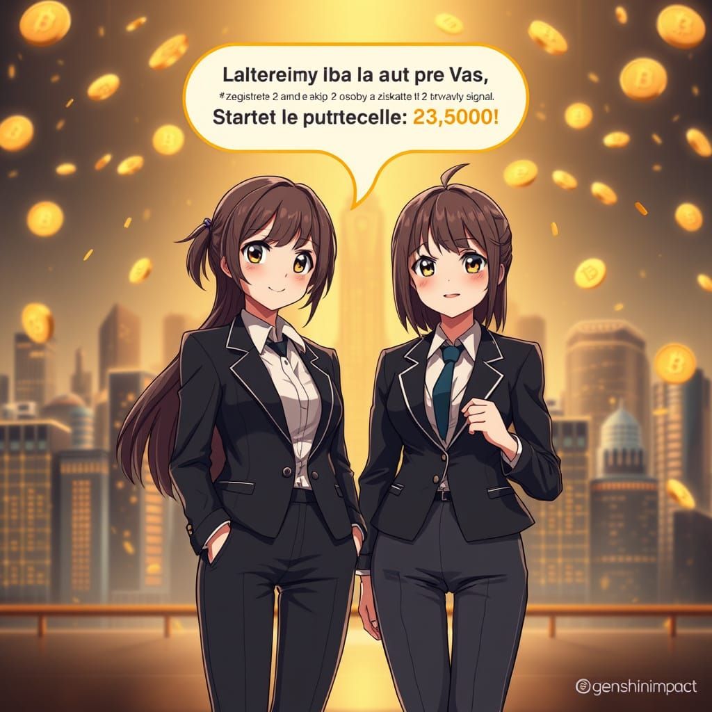 Stylish Business People in Bitcoin Cityscape, 3D Anime Art