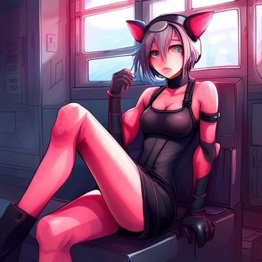Cyberpunk Anime Girl with Gas Mask and Fox Ears