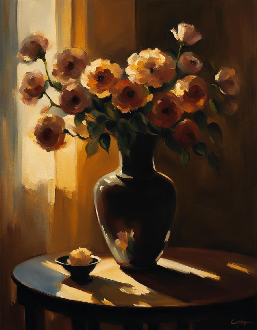 Vase with Flowers in Chiaroscuro Style
