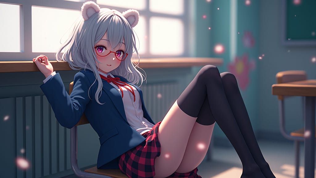 Mysterious Student Amidst Verdant Night in Vibrant 3D Anime...