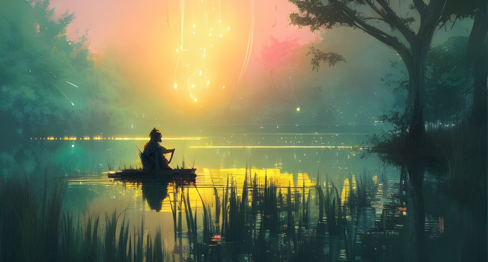Fireflies Illuminate Lakeside in Digital Illustration