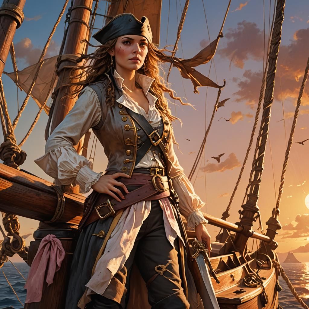 Female Pirate on Ship at Sundown in Romanticism Style