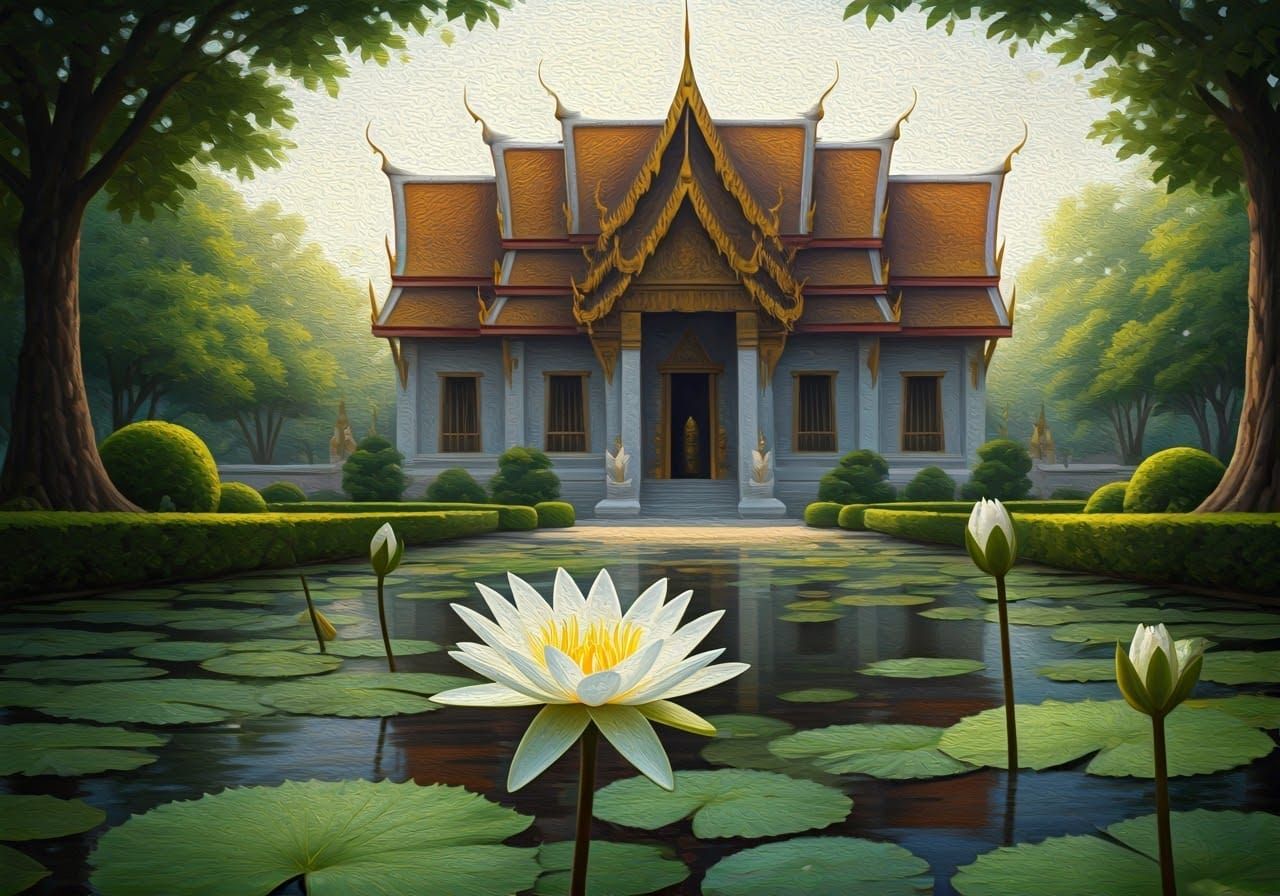 A Tranquil Thai Temple in the Style of James Gurney
