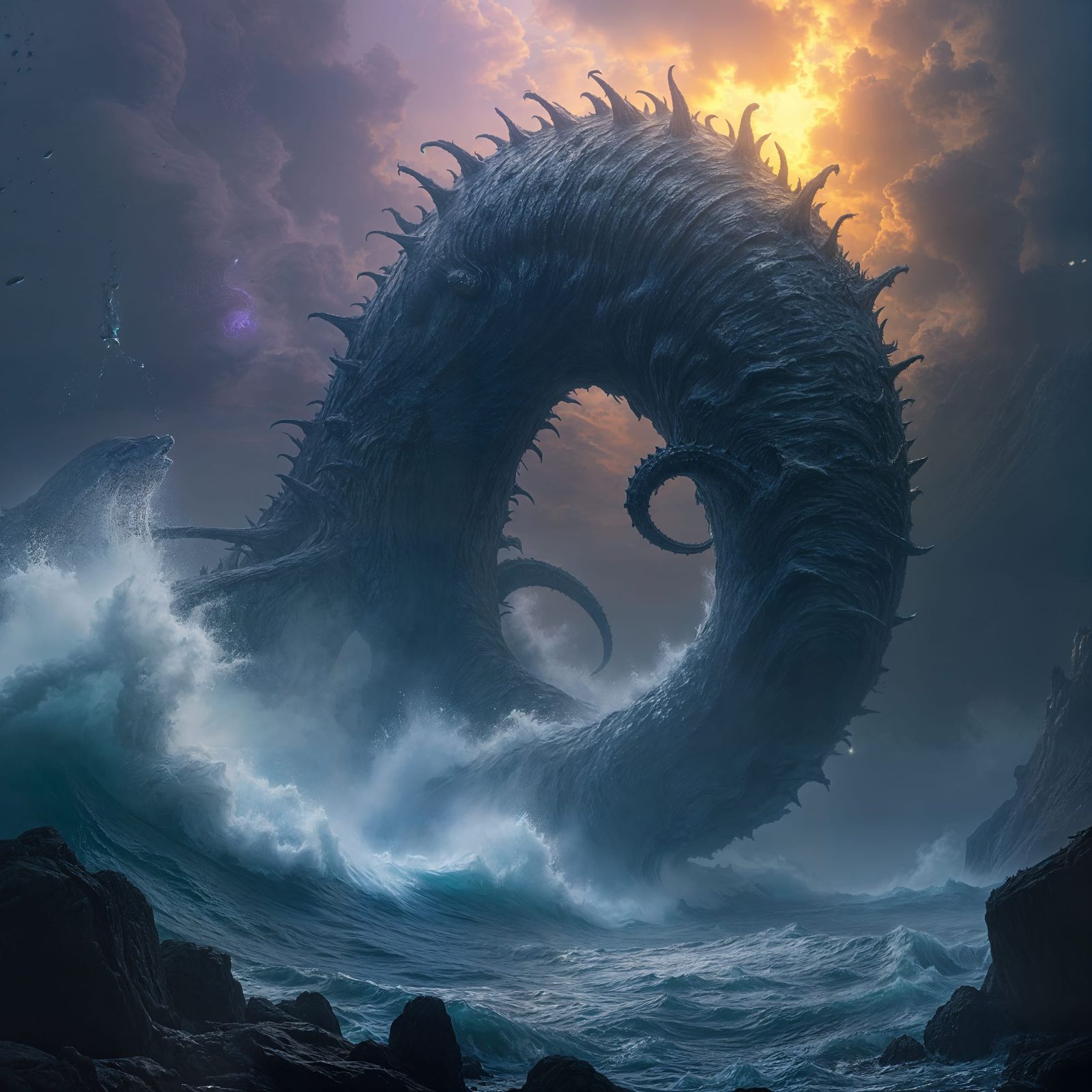 Epic Dark Fantasy Sea Monster Masterpiece in Cyberpunk Style