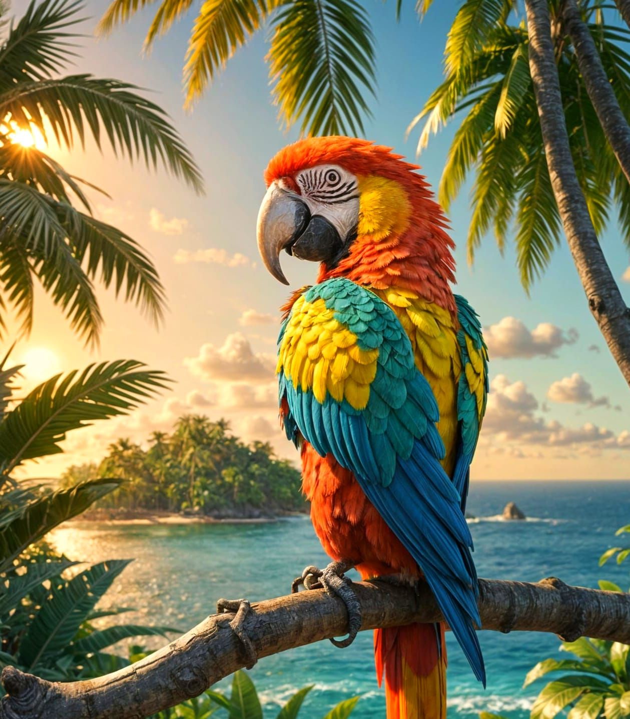 Vibrant Tropical Paradise with a Colorful Macaw
