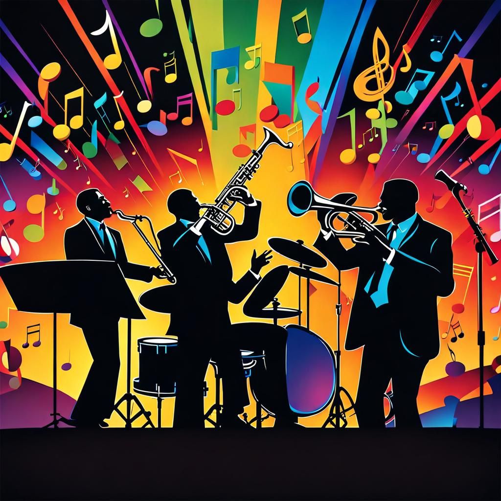 Jazz Band Performance with Musical Notes in Vibrant Illustra...