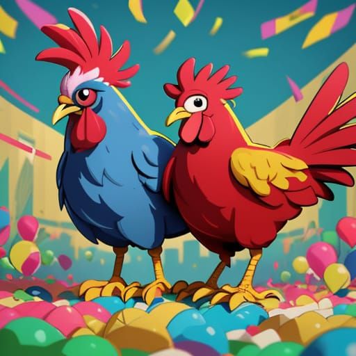 Vibrant Carnival Scene with Chicken Couple