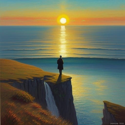 Serene Oil Painting of a Sunrise Over Calm Seas