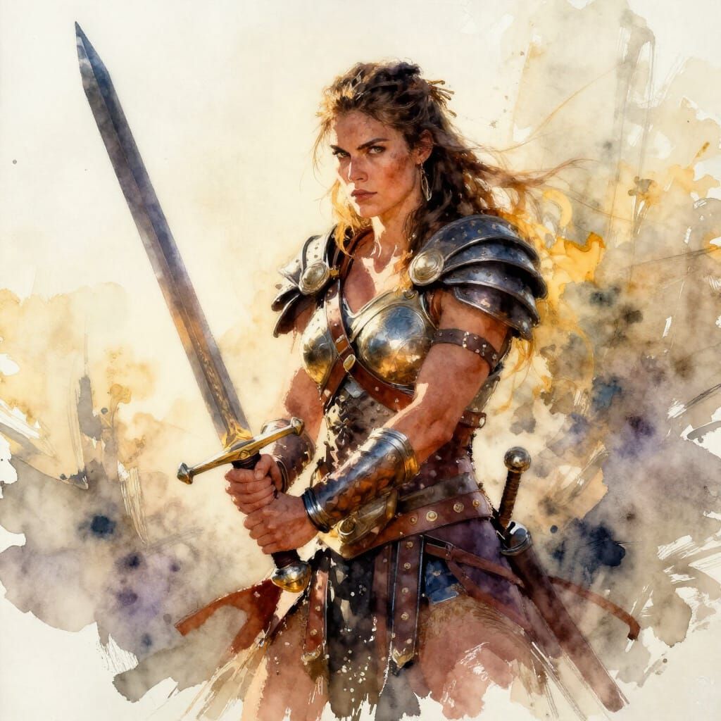Fierce Amazoness Warrior with Broadsword in Watercolor