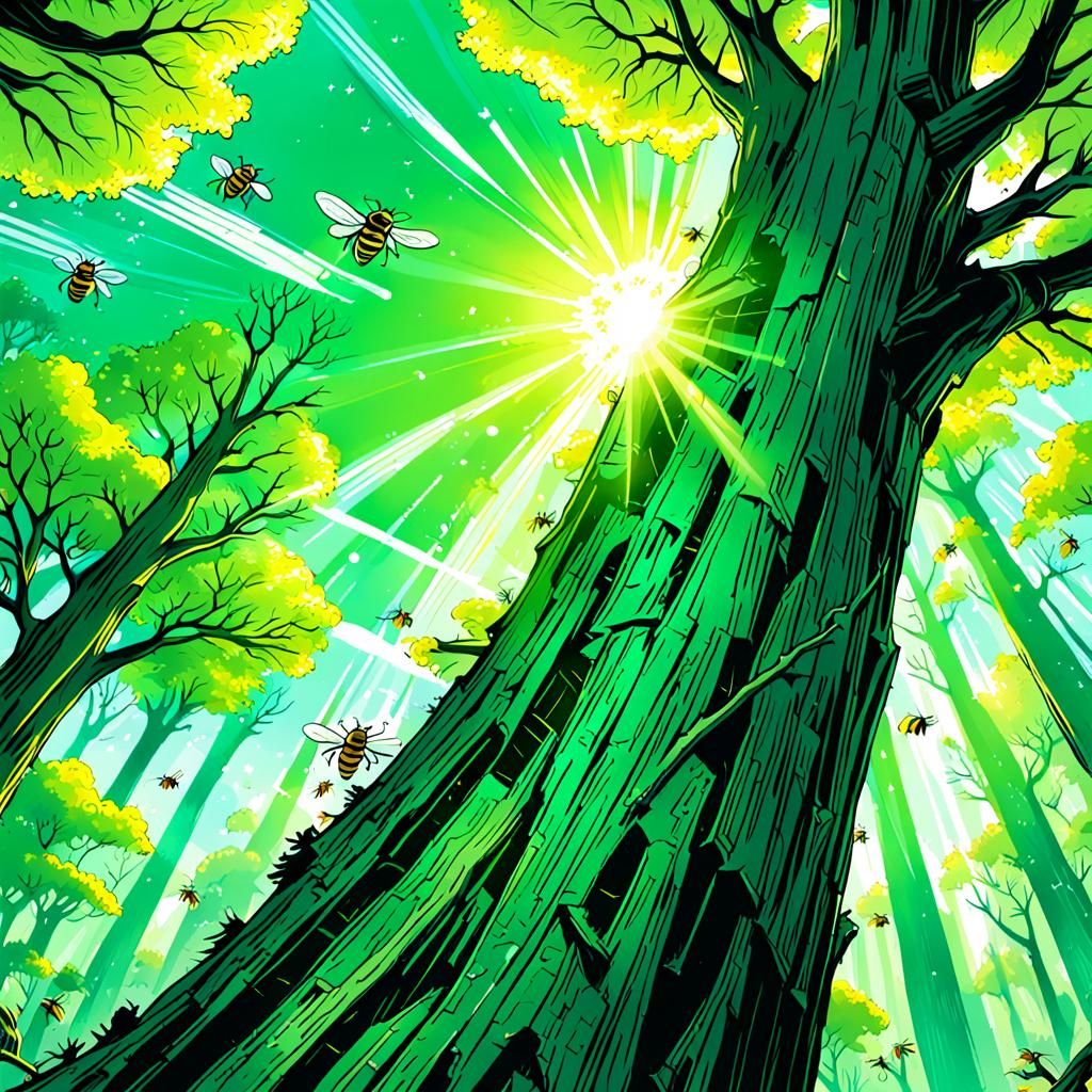Vibrant Comic Book Art of Sunlit Trees