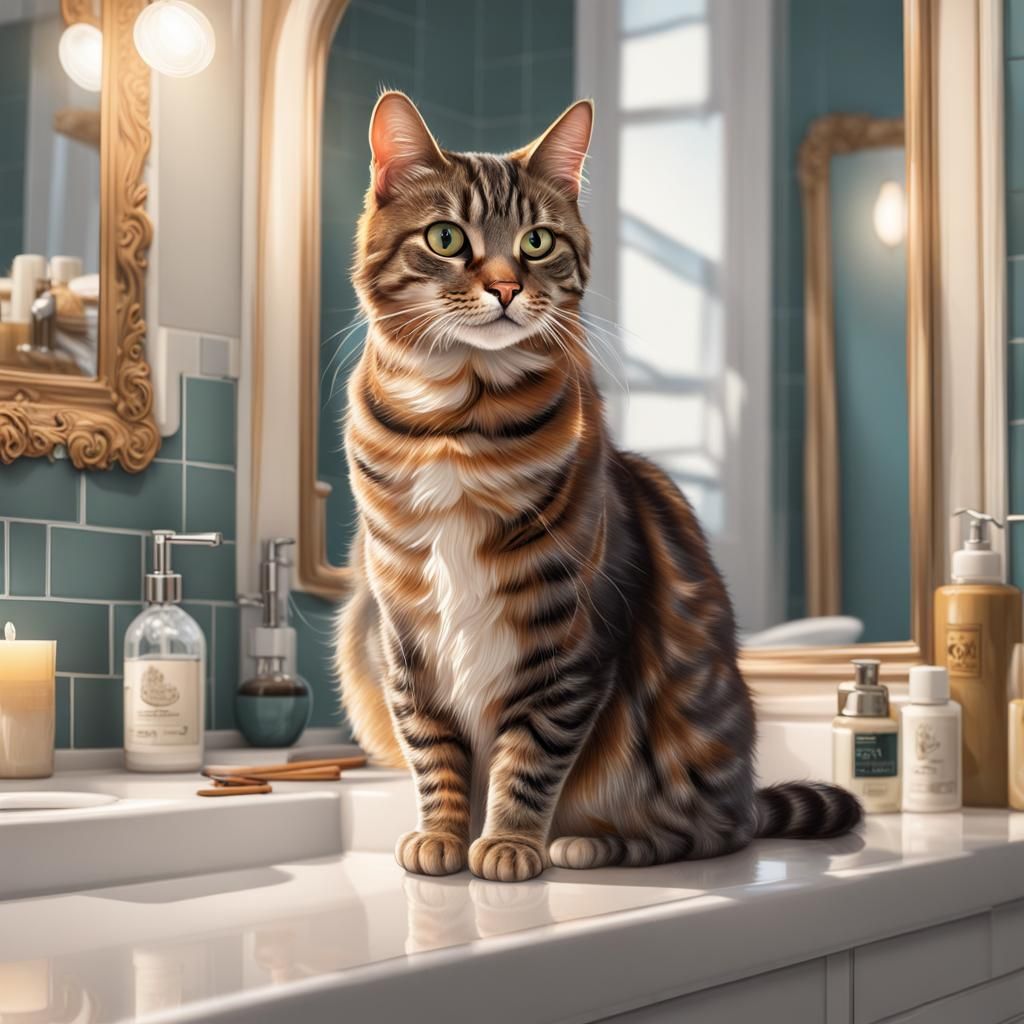 Tabby Cat Looks in Mirror: Digital Art Portrait