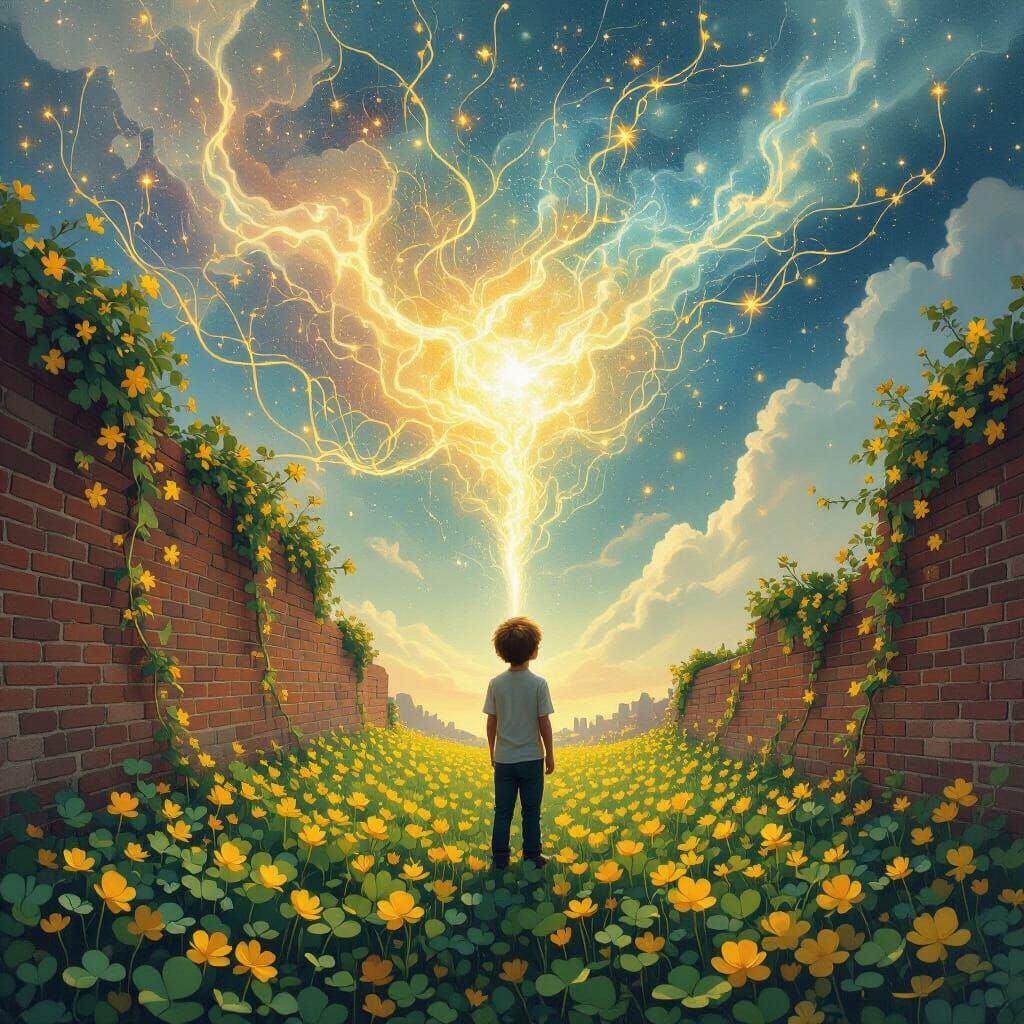 Boy's Expanding Mind Amidst Celestial Clover Field