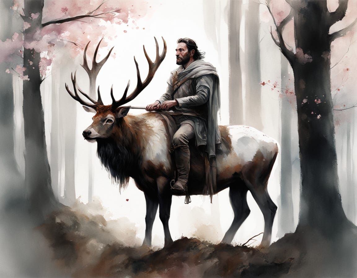 Stag with Cherry Blossom Antlers in Watercolor Style