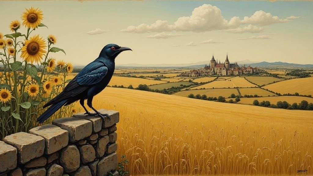Jackdaw in Rural Landscape Inspired by Romanticism