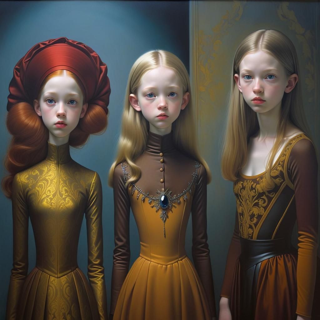 Hyperrealistic Sisters: Filigree Detail in Grisaille