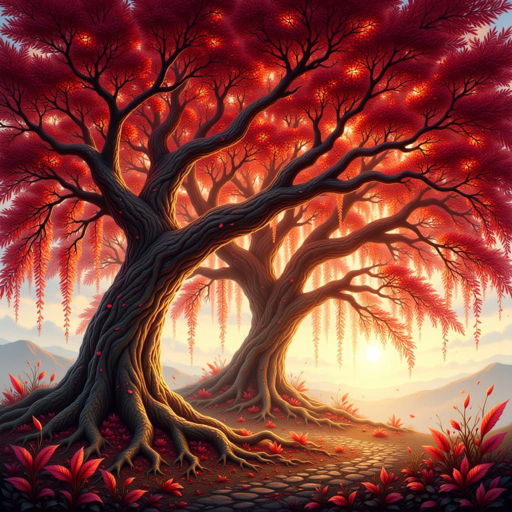 Ancient Oak Tree with Scarlet and Gold Leaves