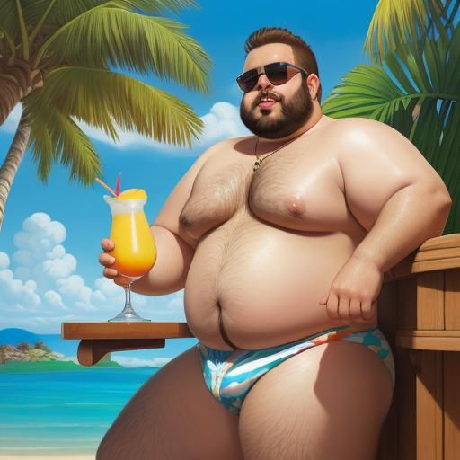 Humorous Overweight Man Drinking Piña Colada, Oil Painting