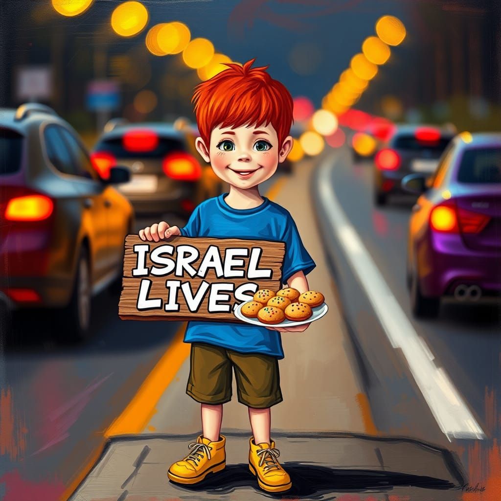 Boy Offers Cookies: Abstract Expressionist Roadside Scene