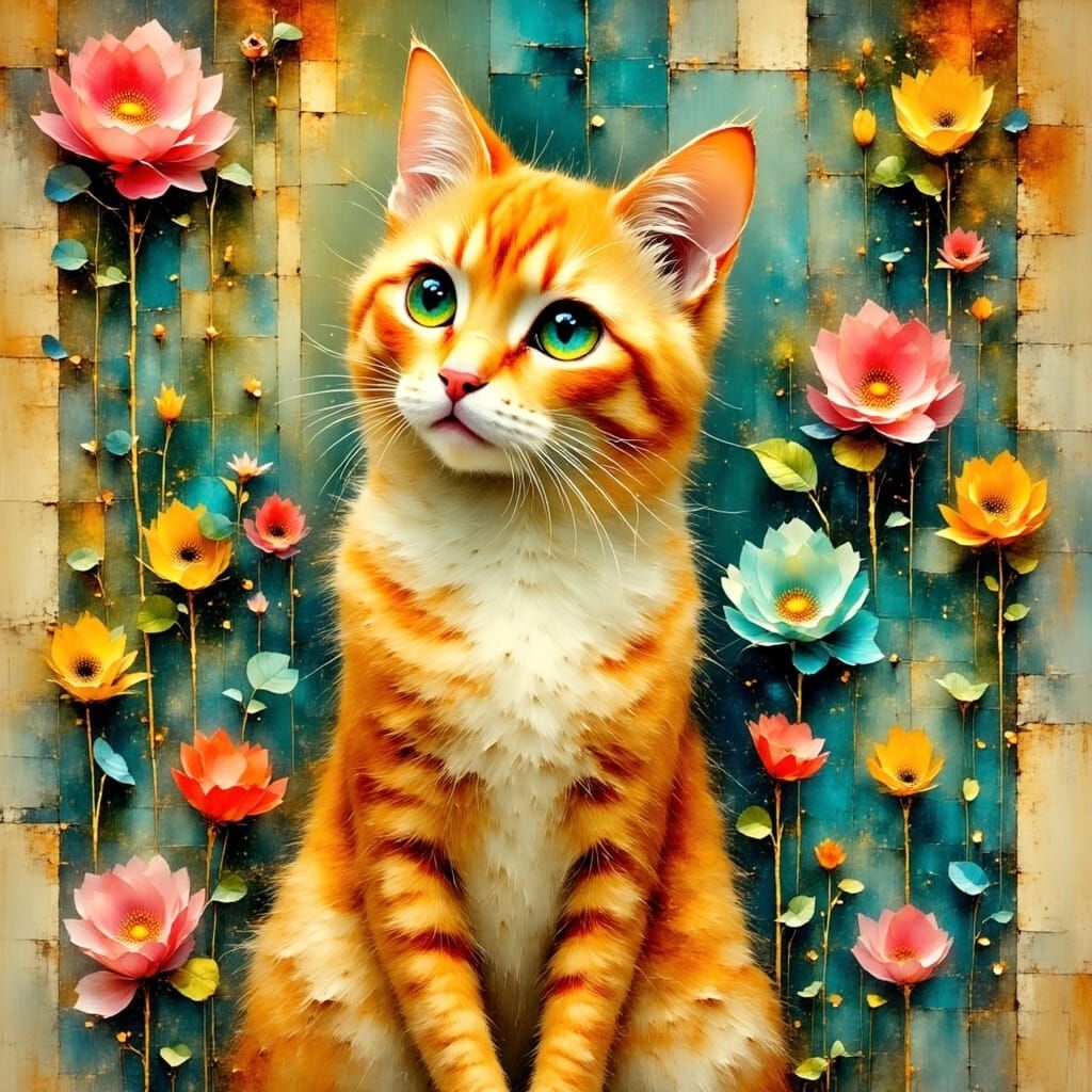 Majestic Ginger Cat in Whimsical Floralcore Fractal Landscap...