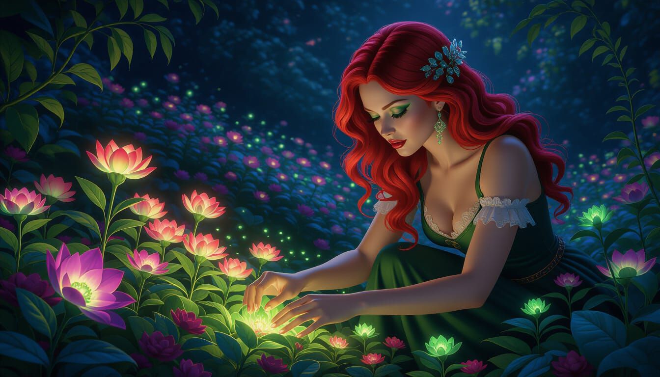Whimsical Garden Scene with Crimson Haired Woman