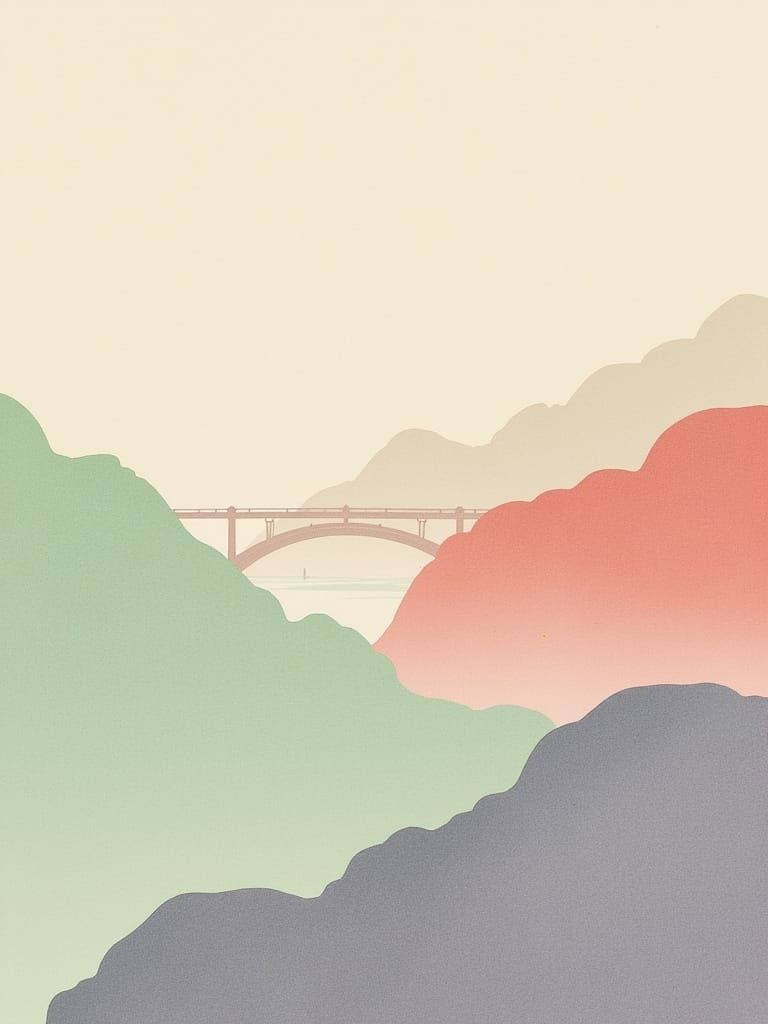 Minimalist Paper Bridge Over Water in Soft Multicolor