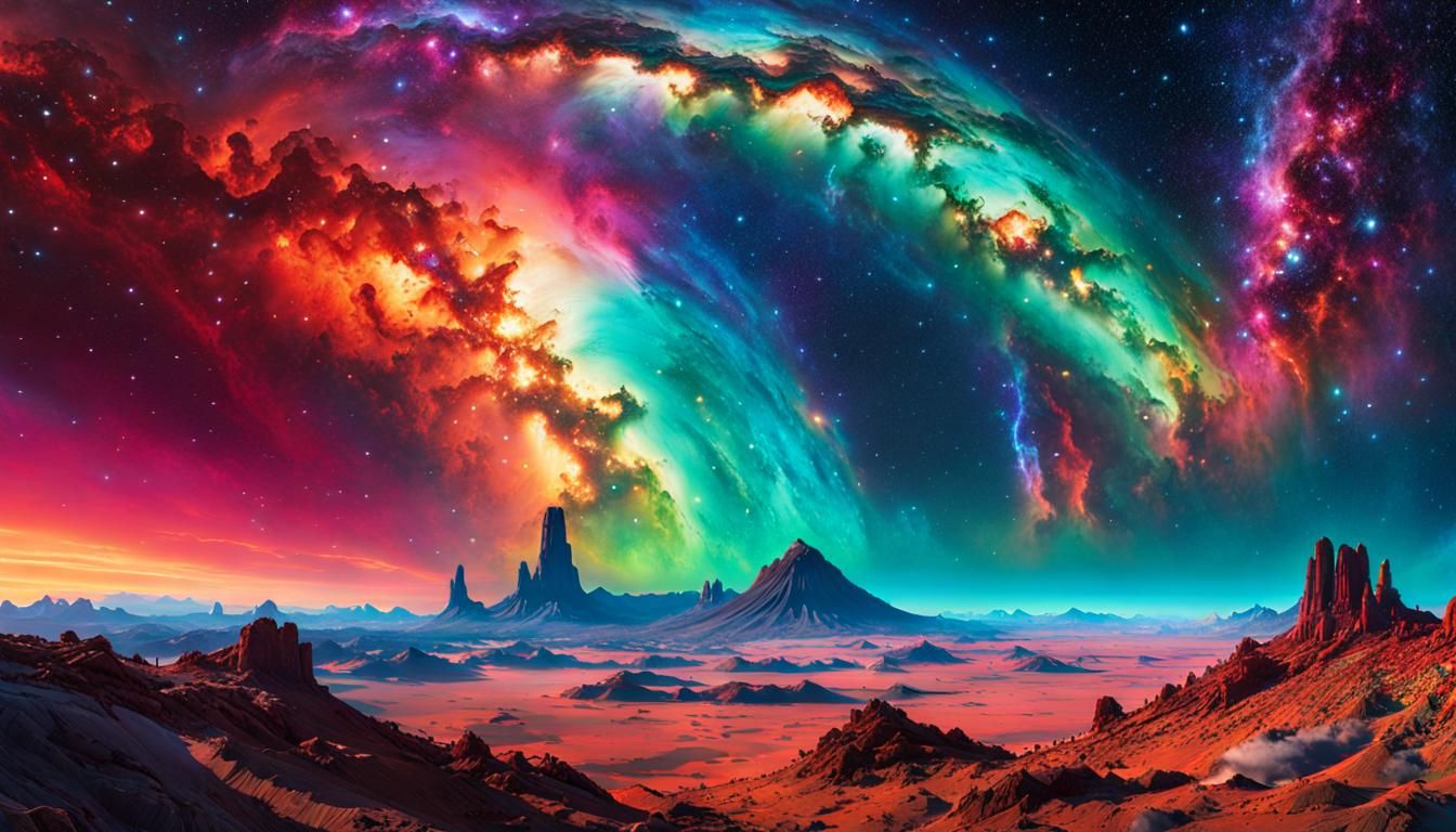 Spectacular Alien Landscape with Colorful Nebula Sky