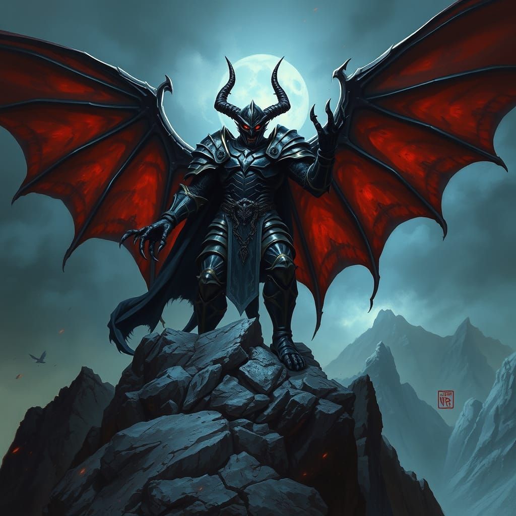 Demon Knight on Mountain Peak in Dark Fantasy Style