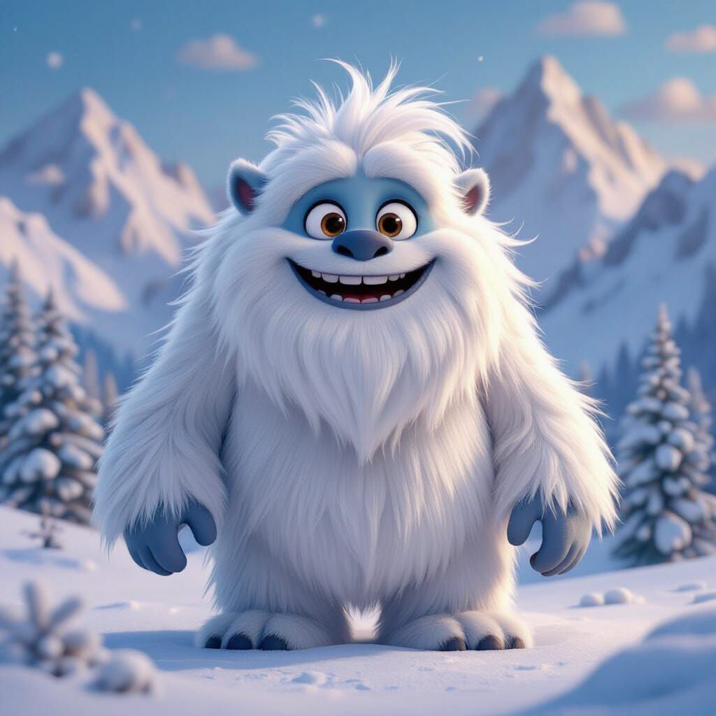 Friendly Yeti Character in Snowy Mountain Landscape