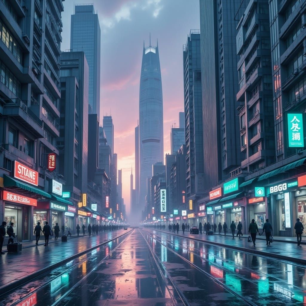 Cinematic Futuristic Cityscape at Dusk in Neon 3D Anime Styl...