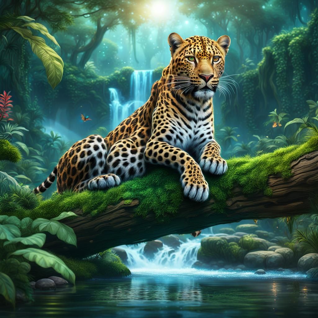 Leopard in Sparkling Fairy Jungle, Digital Art