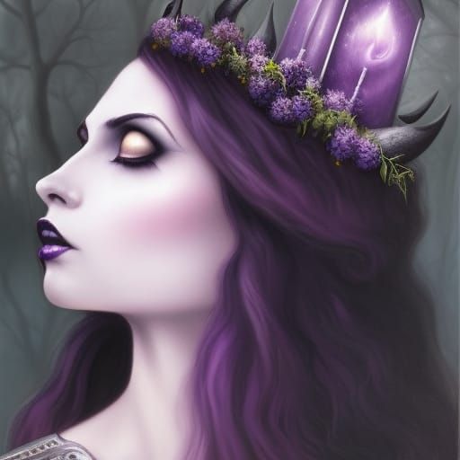 Ethereal Gothic goddess Hecate wearing a Beautiful black spiked Gothic regal Crown with amethyst crystals on it& Long bl...