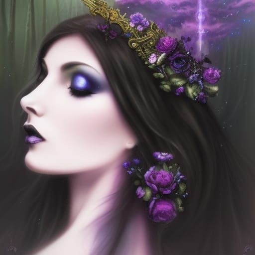 Ethereal Gothic goddess Hecate wearing a Beautiful black spiked Gothic regal Crown with amethyst crystals on it& Long bl...