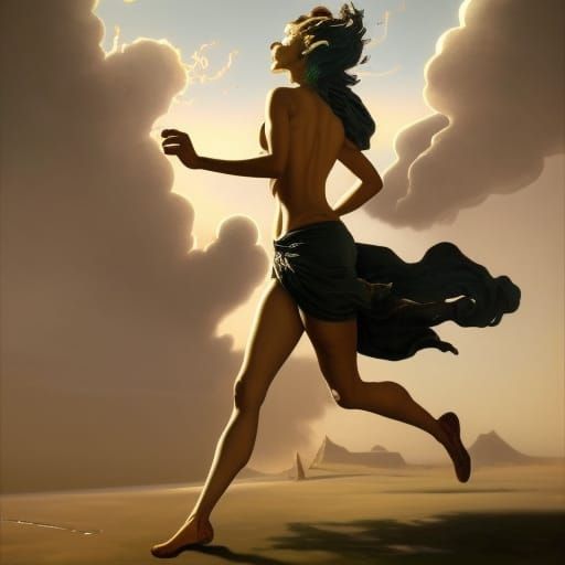 Surreal Steampunk Woman Running: Oil on Canvas