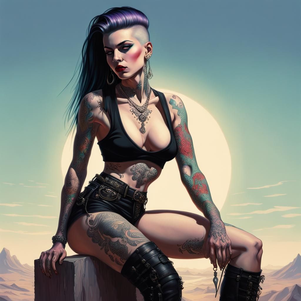 Goth Punk Woman with Tattoos, Oil Painting Style
