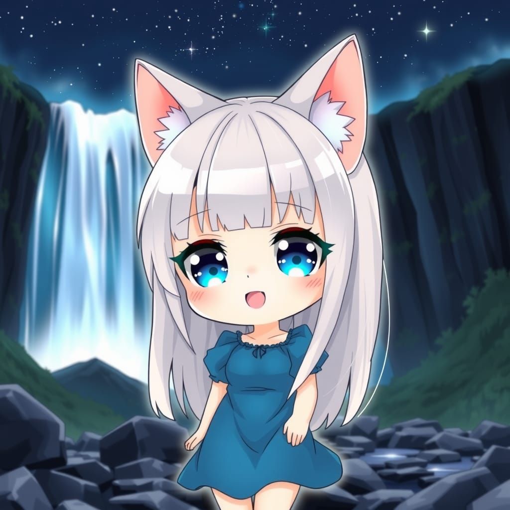 Cute Chibi Catgirl by Waterfall Under Starry Sky