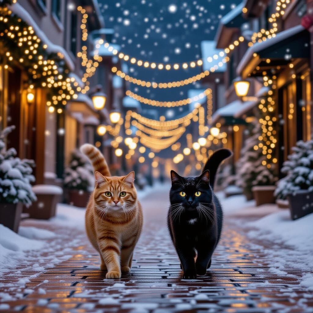 Two Cats in Snowy Jingle Town at Christmas