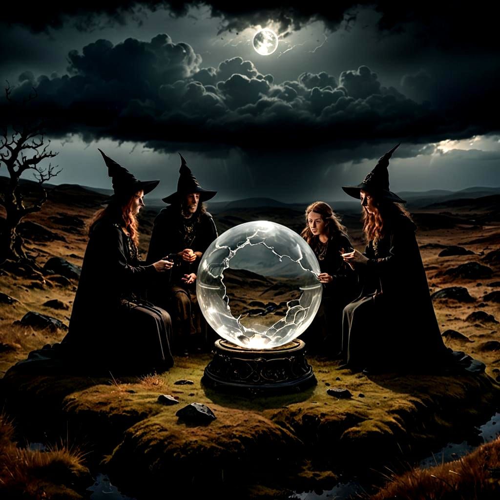 Eerie Witches Meeting in Stormy Landscape