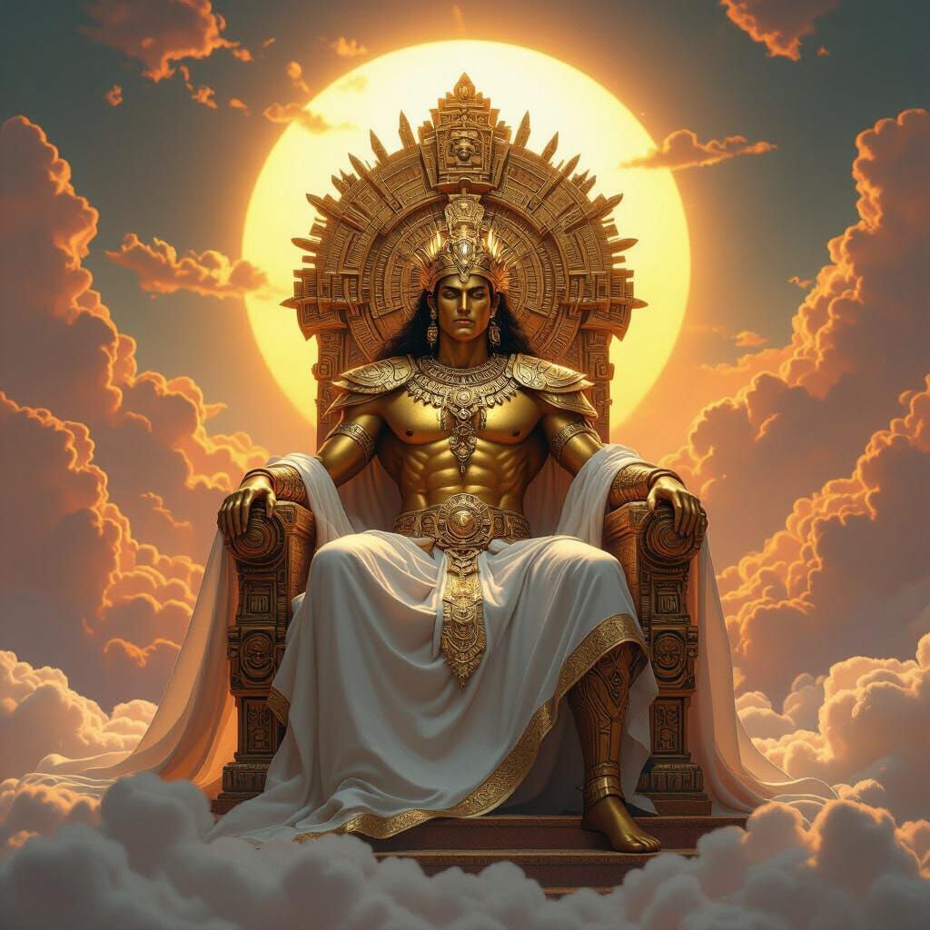 Golden God on Throne with Aztec Shrine in Clouds
