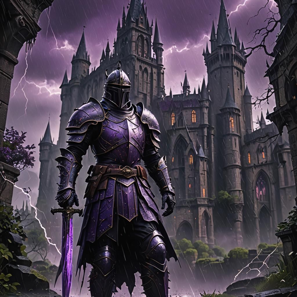 Black Knight with Purple Magic in Rainstorm