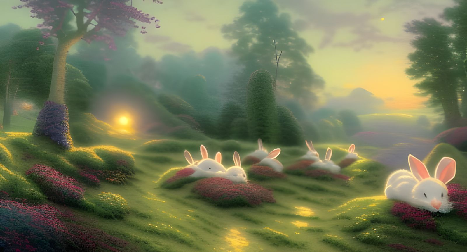 Ethereal Bunnies Dream in Misty Egg Field